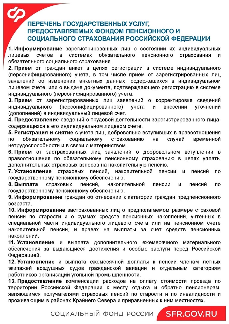 Перечень государственных услуг, предоставляемых Социальным фондом России